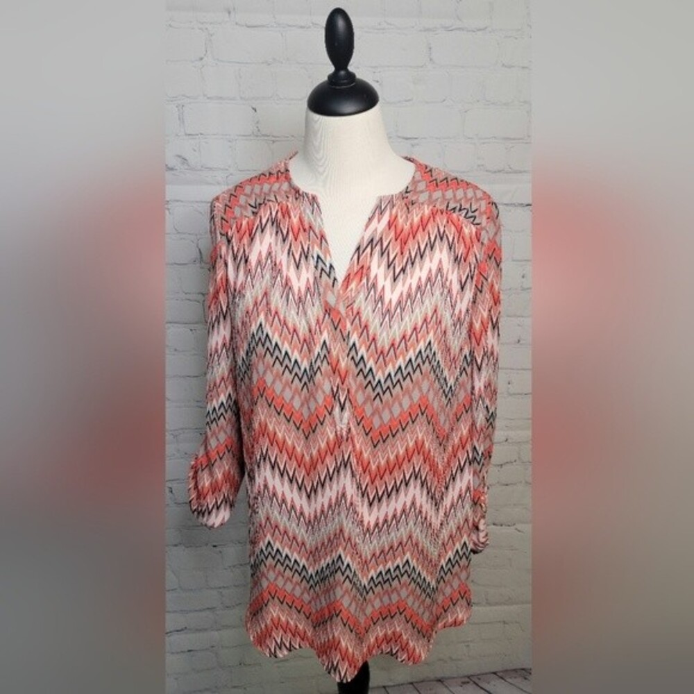 Tacera Shear Chevron V-Neck Blouse Sz L 3/4 Sleeve Popover Tunic zigzag Career